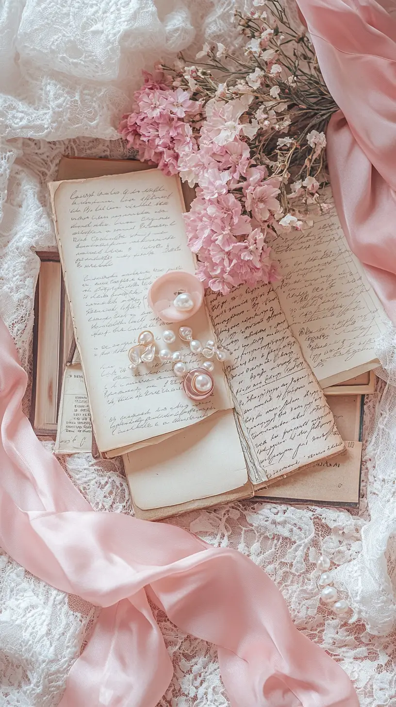 Romantic flatlay with vintage letters and pink lace