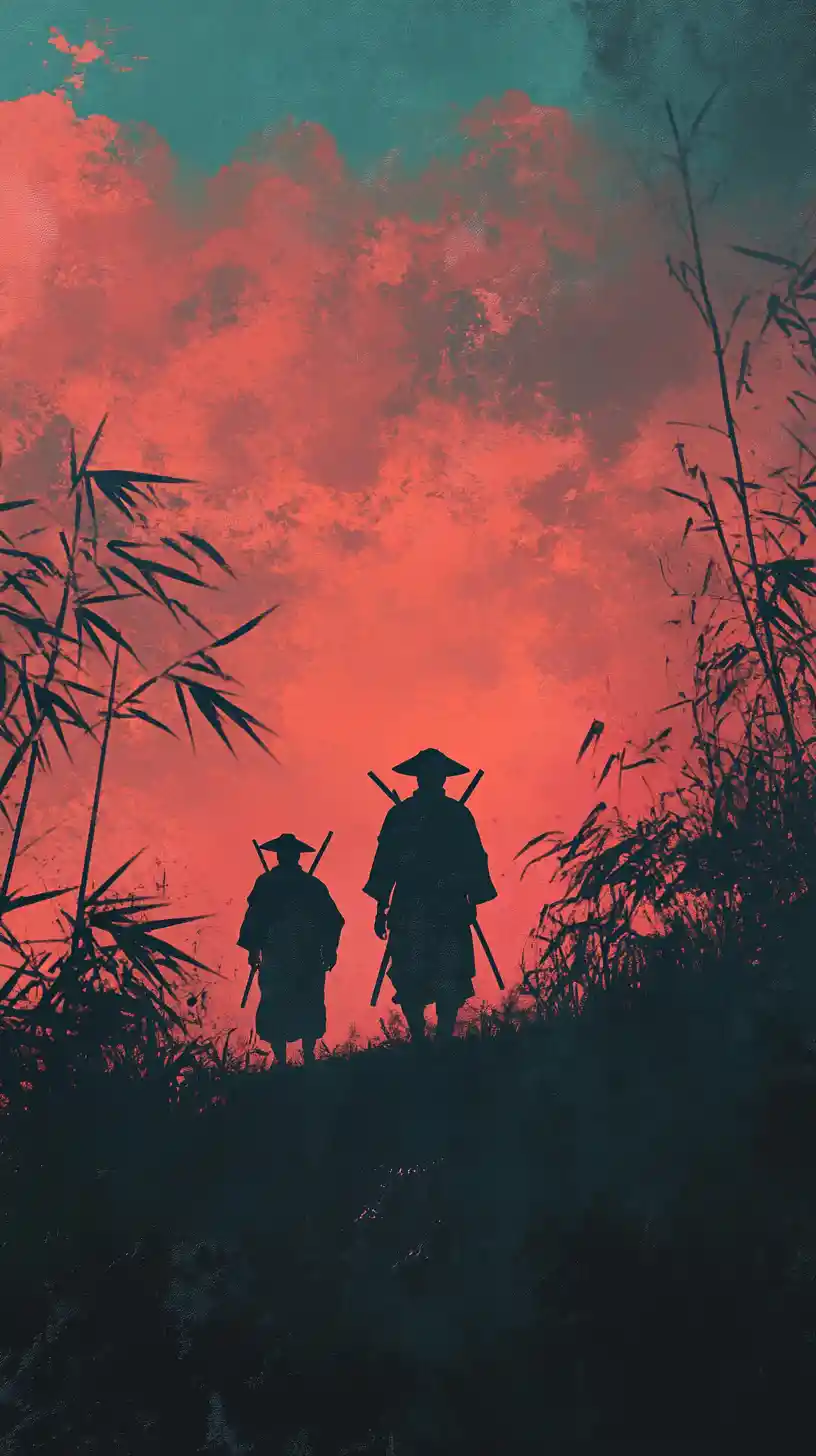 Two samurai walking through a tranquil bamboo grove at dusk