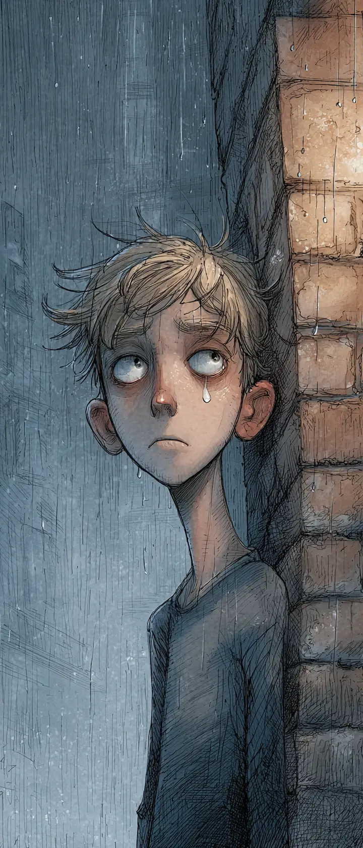 Teenage Boy With Tear Streaked Face In Rainy Alley
