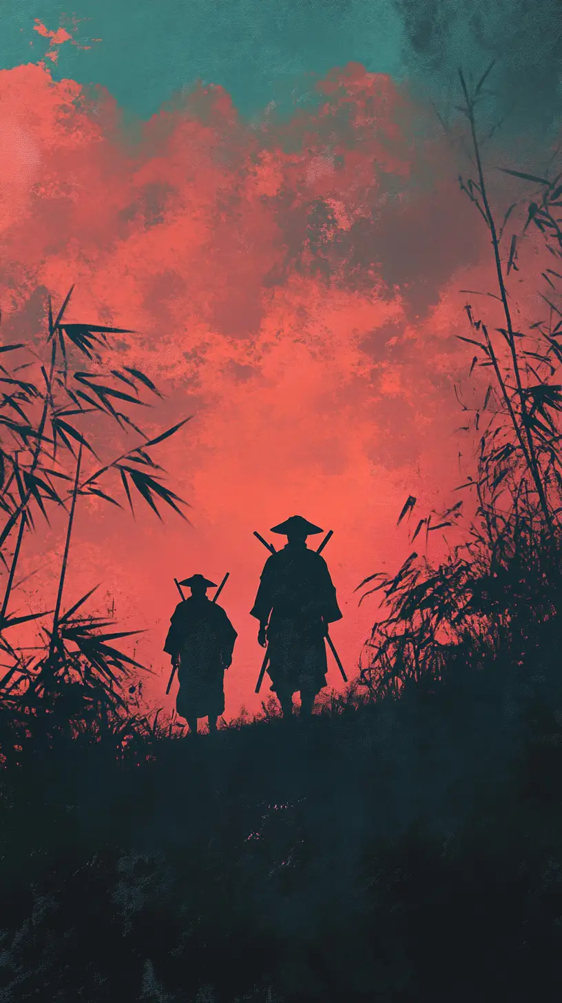 Two samurai walking through a tranquil bamboo grove at dusk