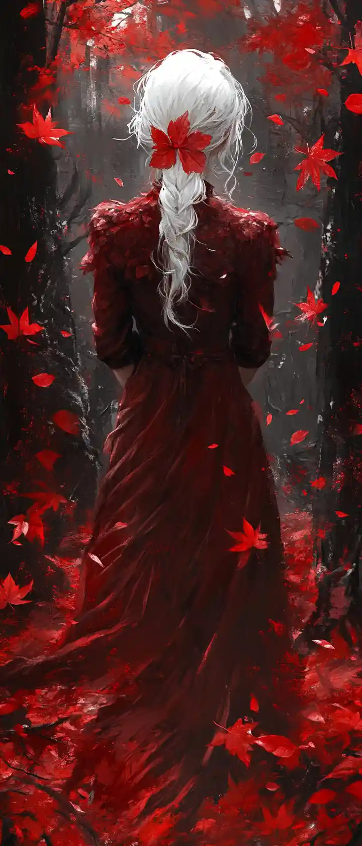 Woman in red dress standing in surreal crimson forest
