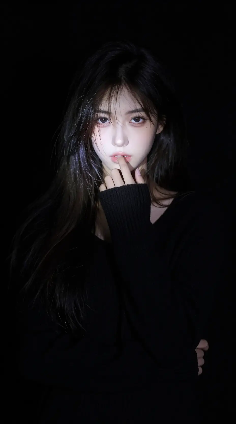 Mysterious Anime Woman In Spotlight Against Black Background