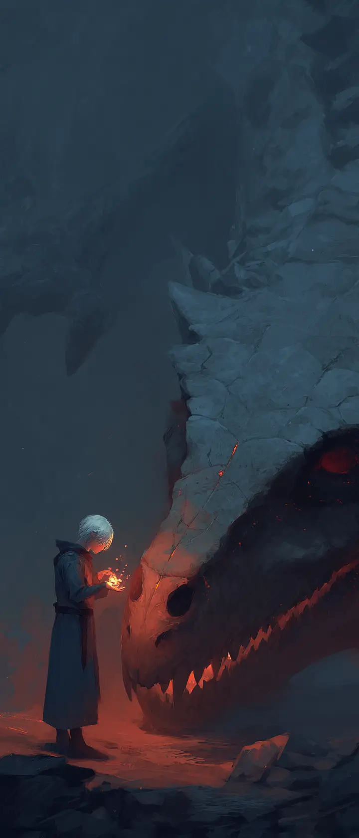 Silver haired prince with dragon skull in ruined hall