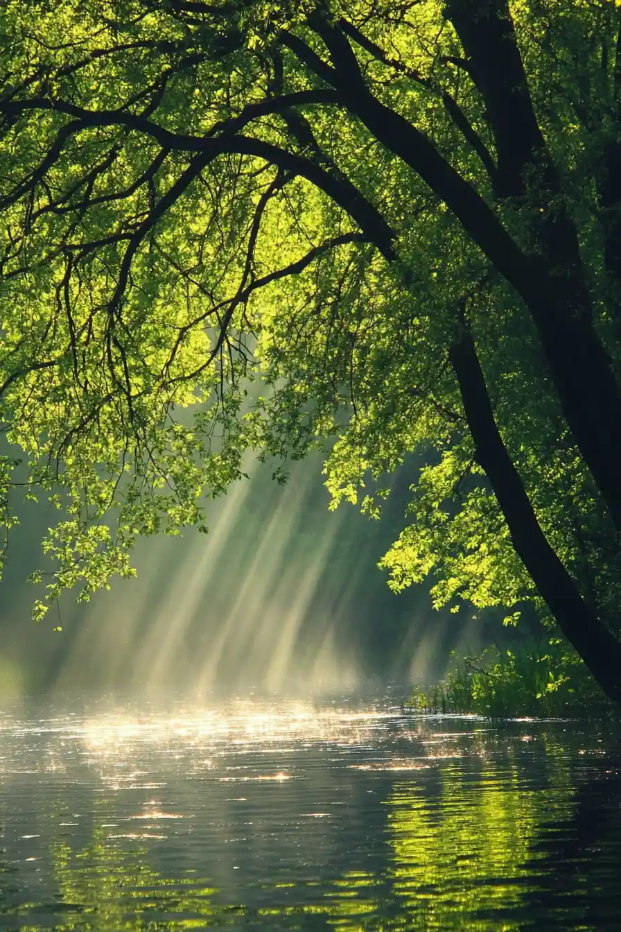 Sunlight Dancing On Water Beside Quiet Swaying Trees