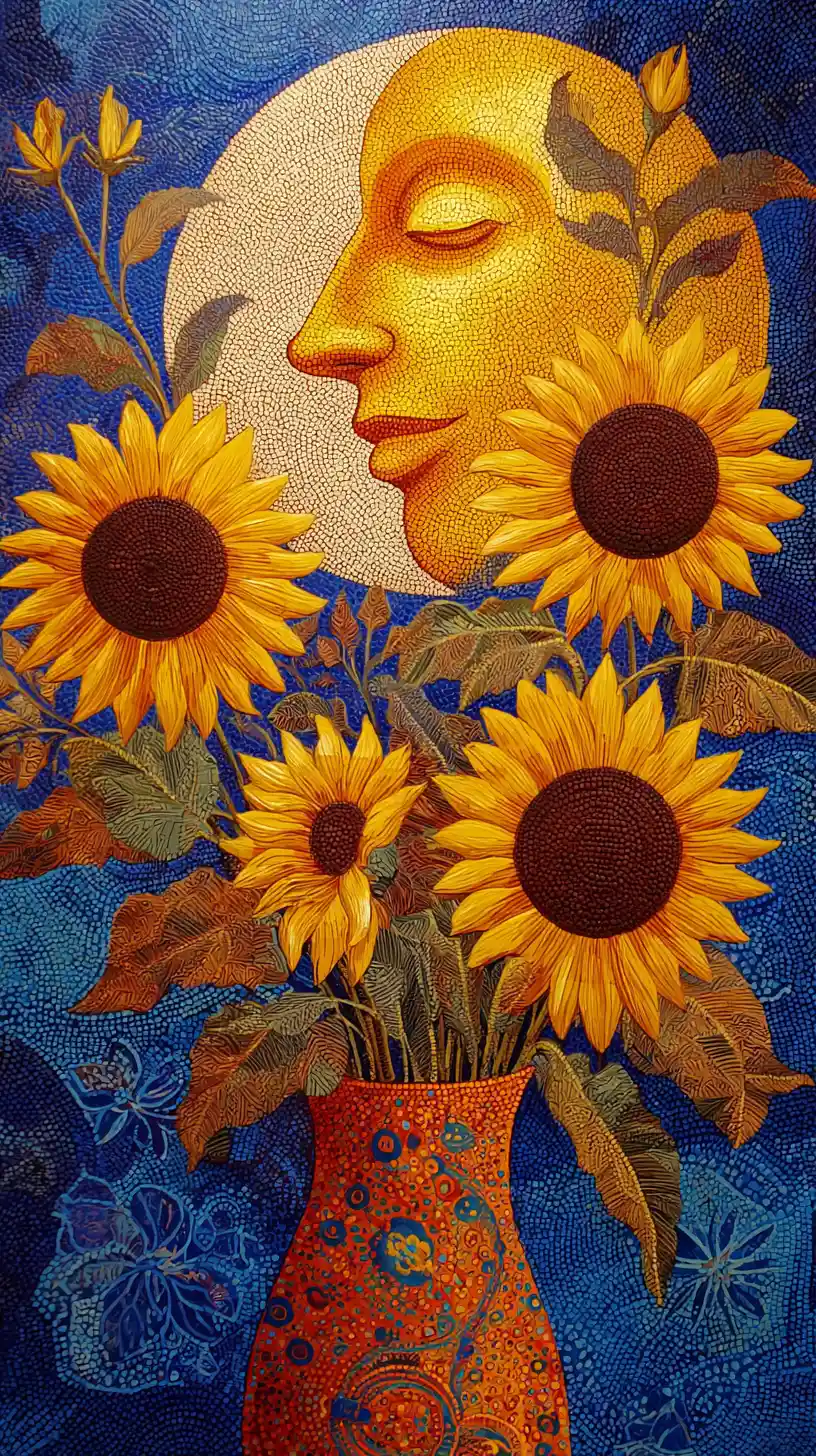 Romantic moon offering sunflowers to the radiant sun