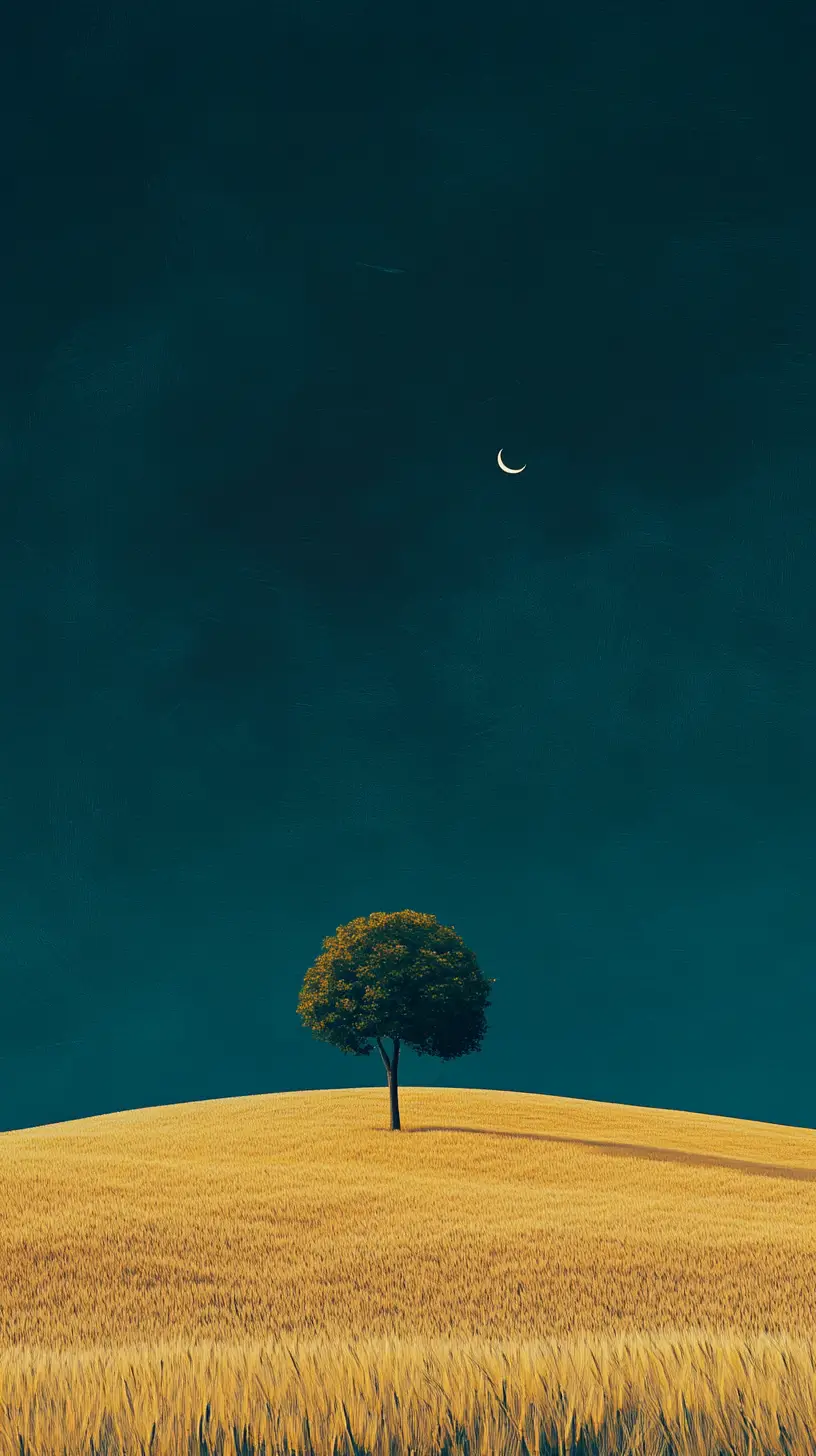 Spherical Tree In Golden Wheat Under Teal Night Sky