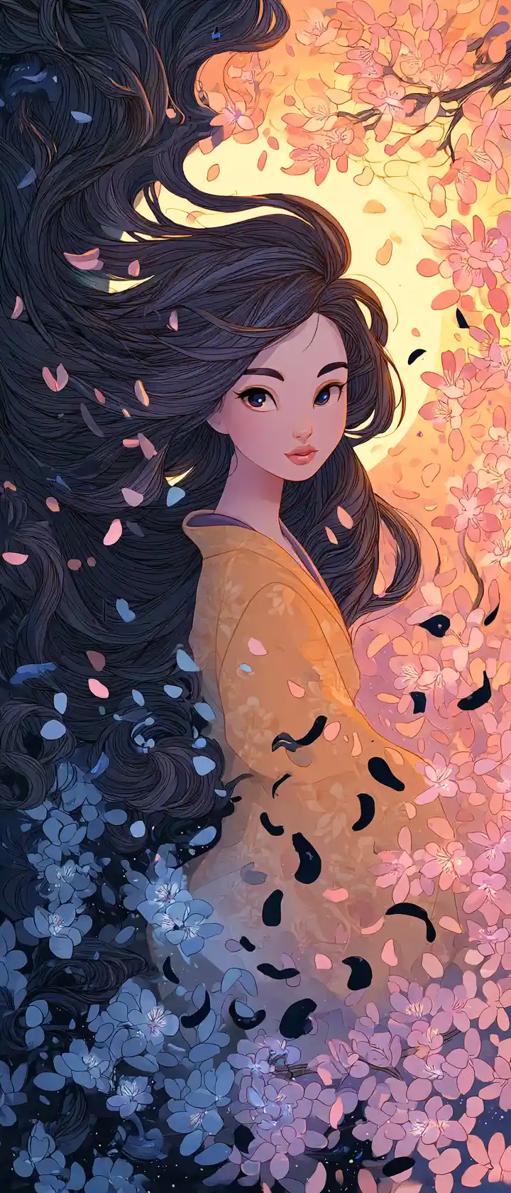 Anime woman divided between sunrise light and night shadow