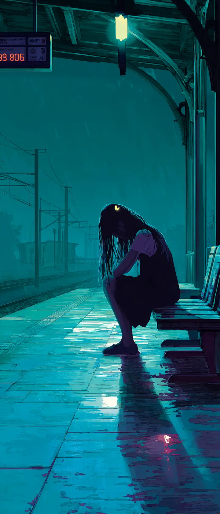 Lonely girl on an empty midnight train platform
