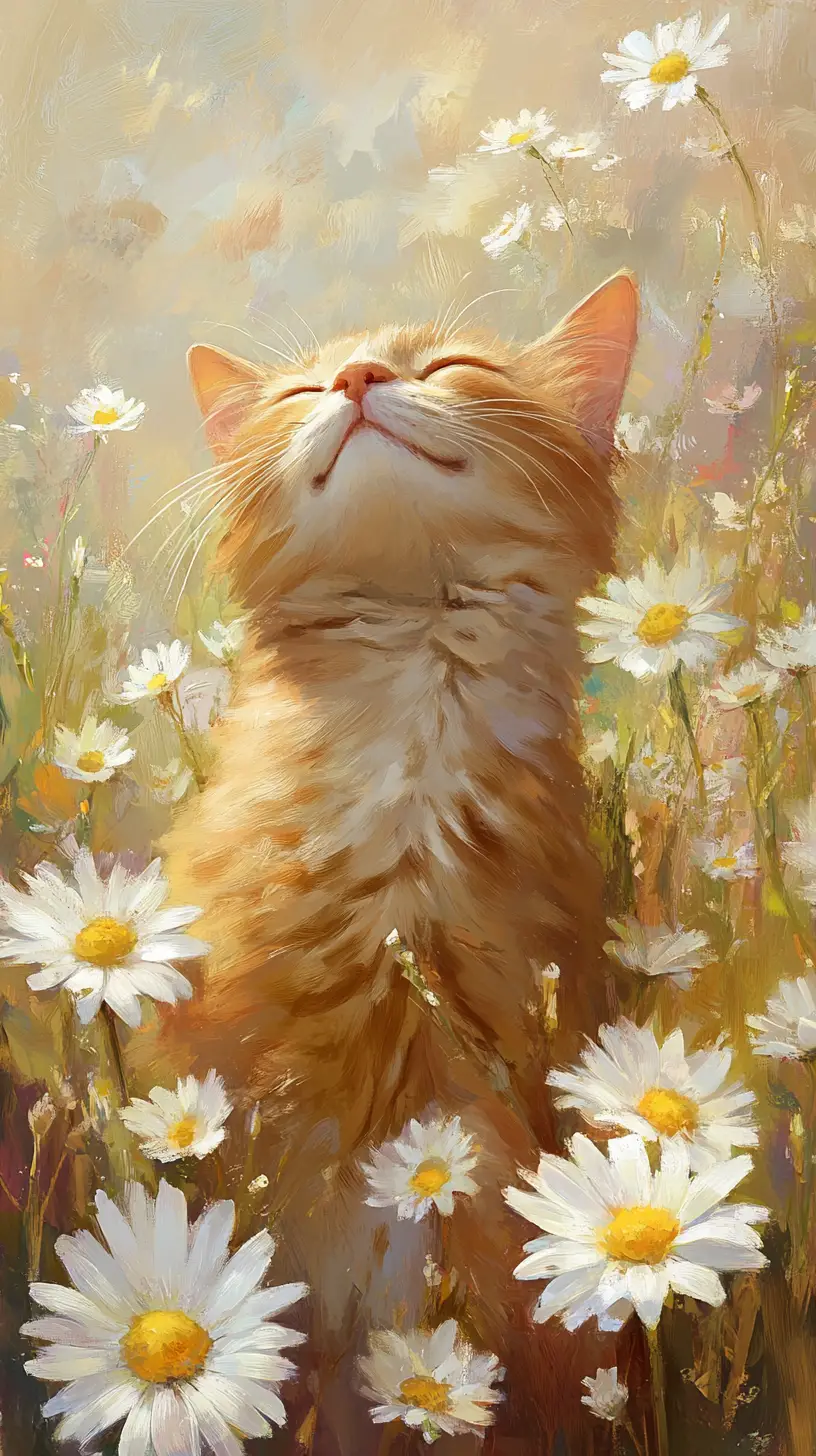 Ginger cat resting in a daisy field painting