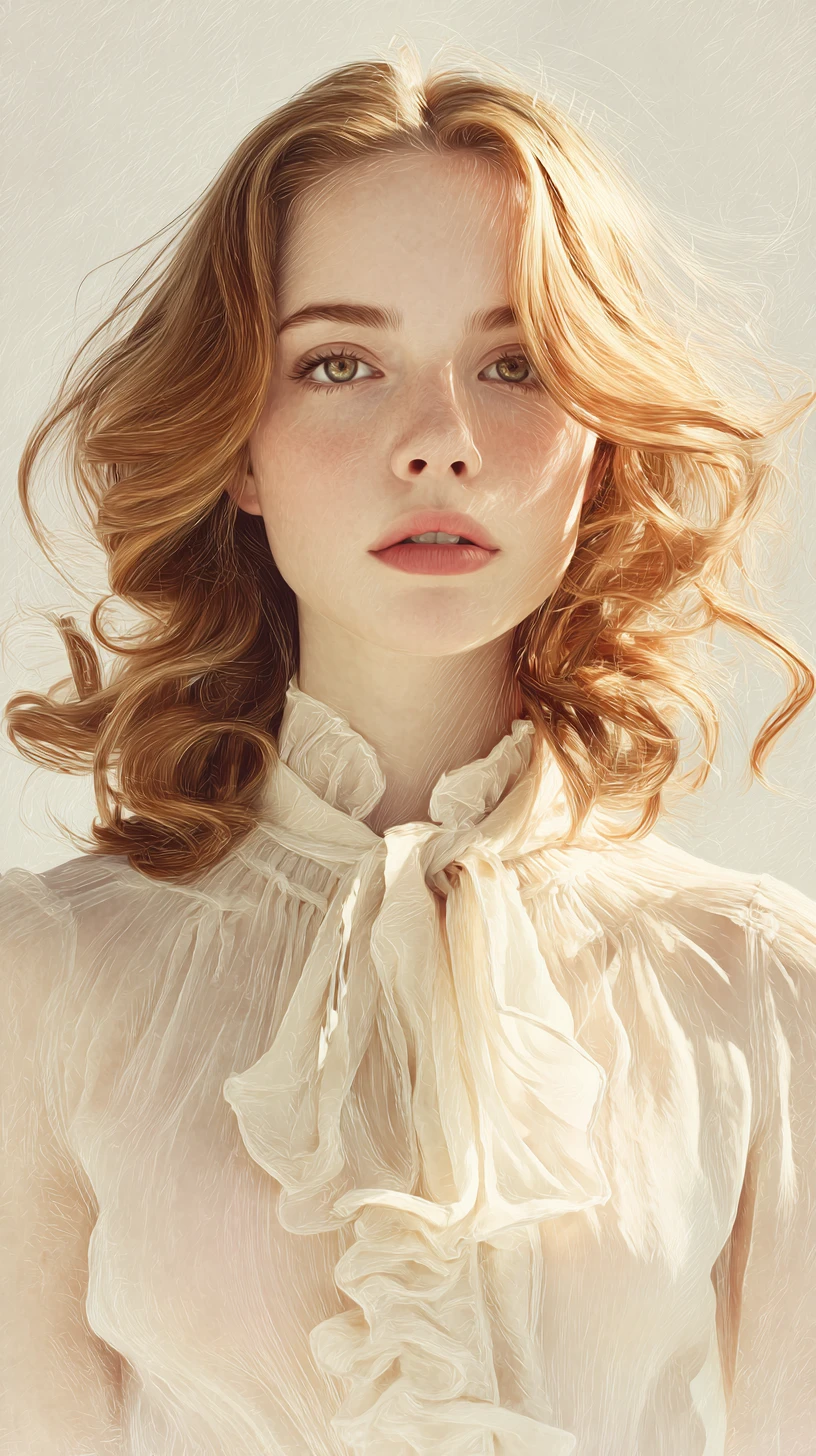 Elegant girl portrait with soft waves and chiffon blouse