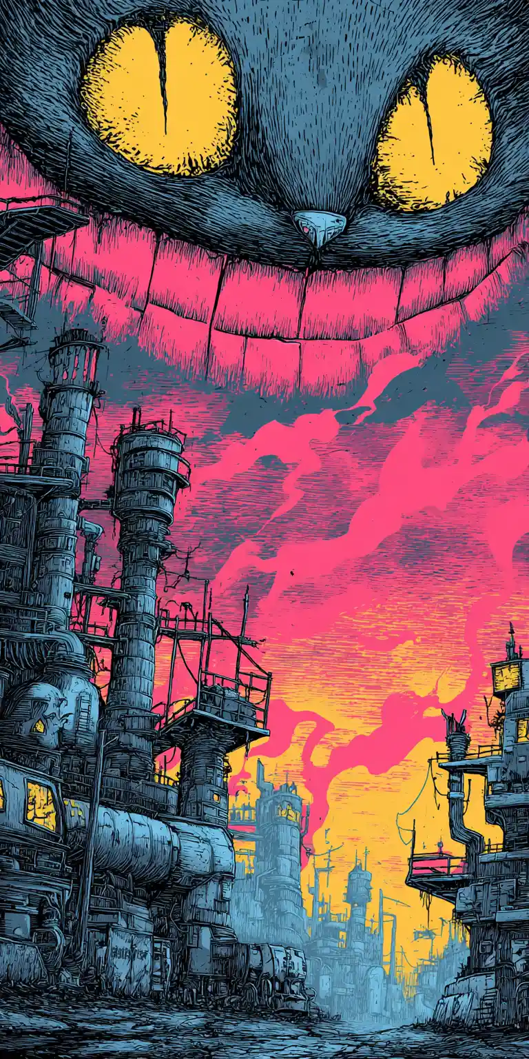 Neon-Stadtlandschaft in der Dämmerung mit markantem Cartoon-Gesicht im Vordergrund