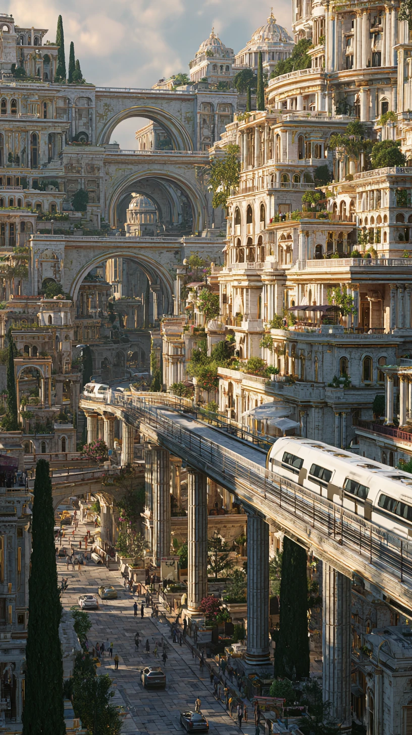 Skyline di una città romana futuristica con torri di marmo al tramonto