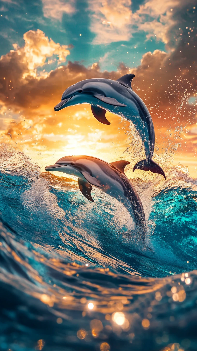 Two dolphins leaping from turquoise ocean waves at sunset