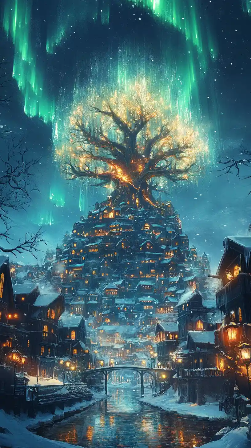 Città fantasy invernale sotto l’aurora e un colossale Albero del Mondo