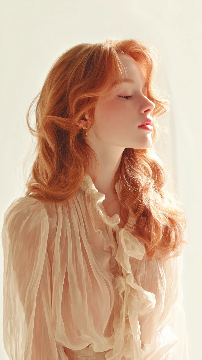Elegant girl portrait with soft waves and chiffon blouse