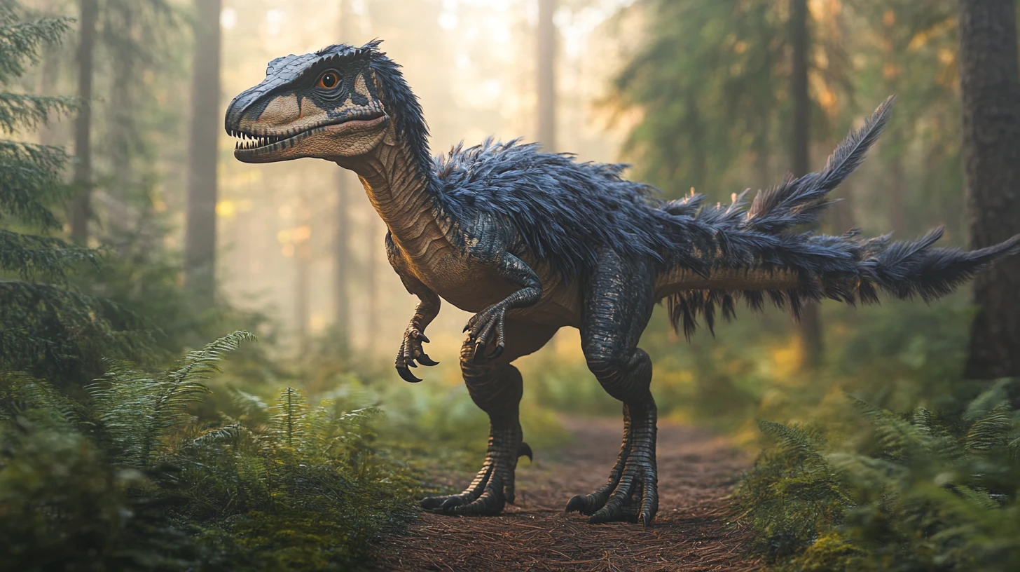 Feathered Utahraptor Dinosaur On A Quiet Forest Trail