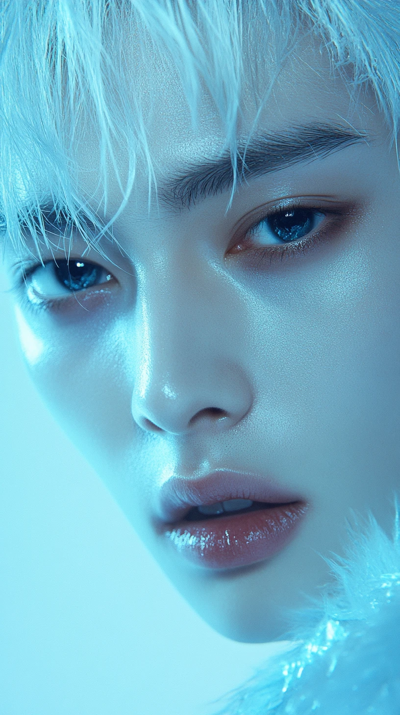 K pop male idol portrait with platinum hair and glossy eyes