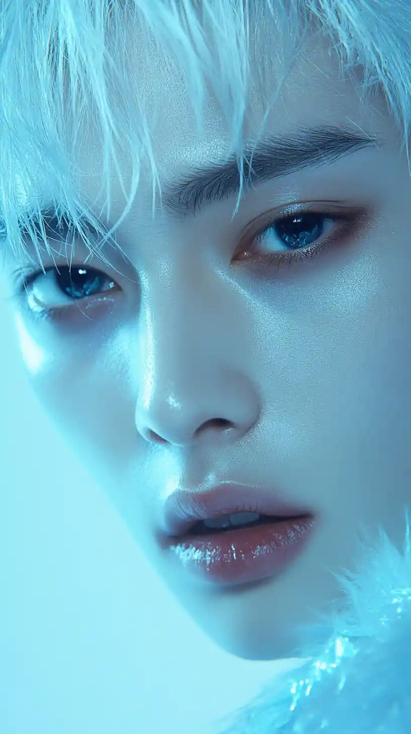Ritratto di idol maschile K‑pop con capelli platino e occhi lucenti