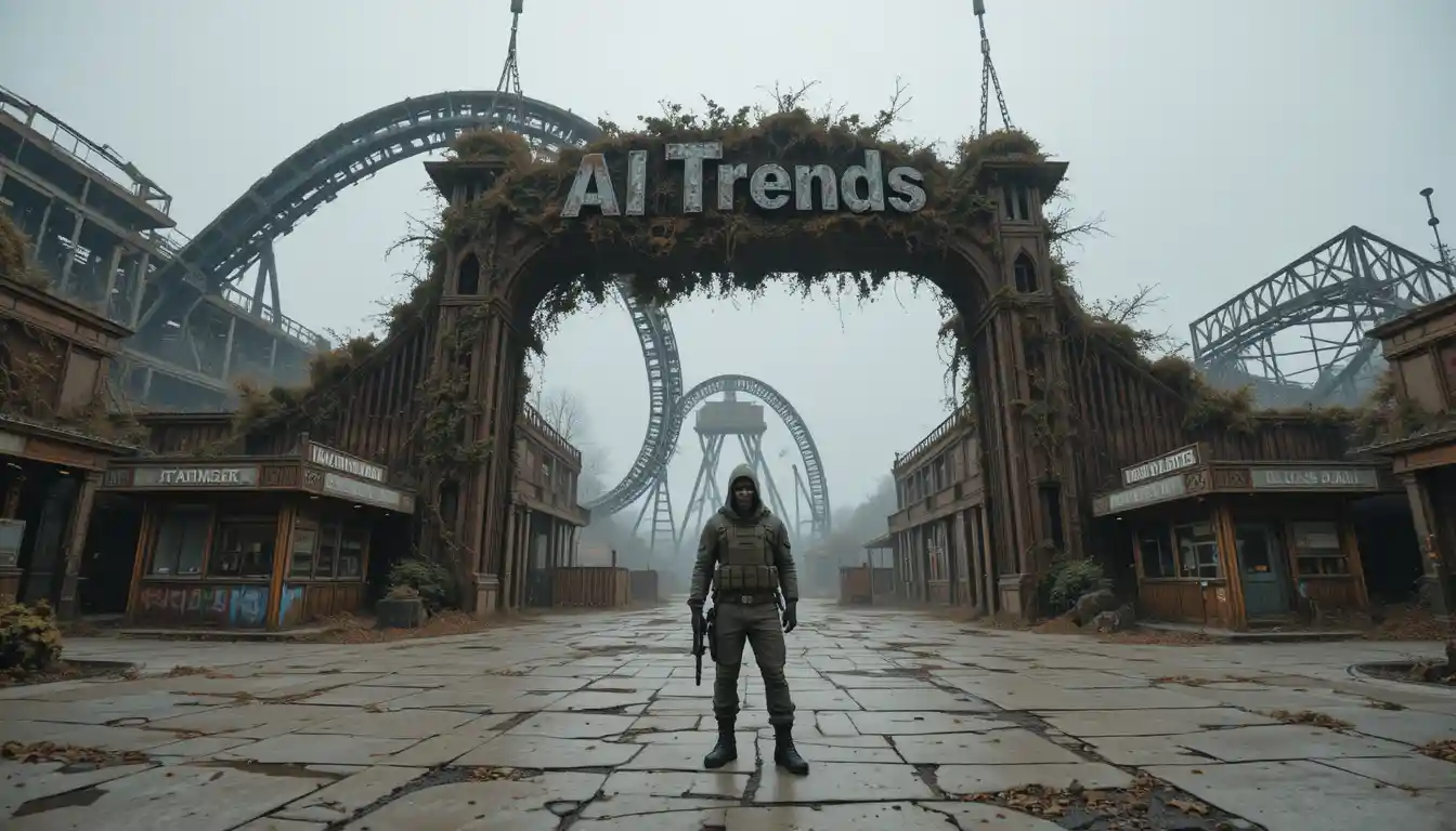 Lone soldier at abandoned amusement park entrance in grey fog