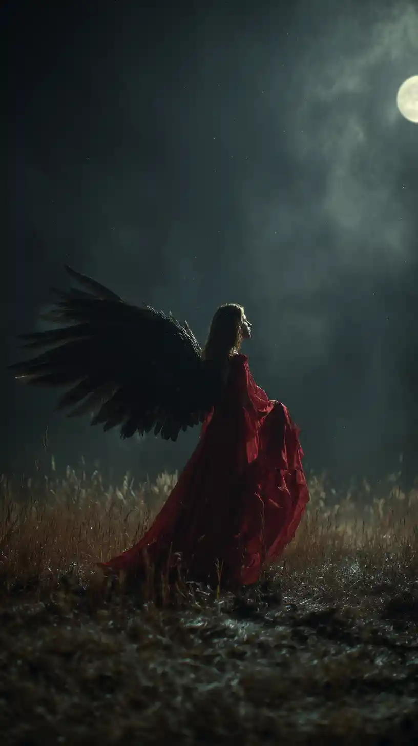 Donna angelo caduto in abito rosso in un prato al chiaro di luna