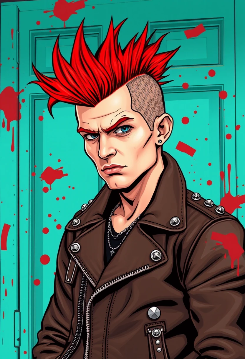 Punk man in studded leather jacket before turquoise door