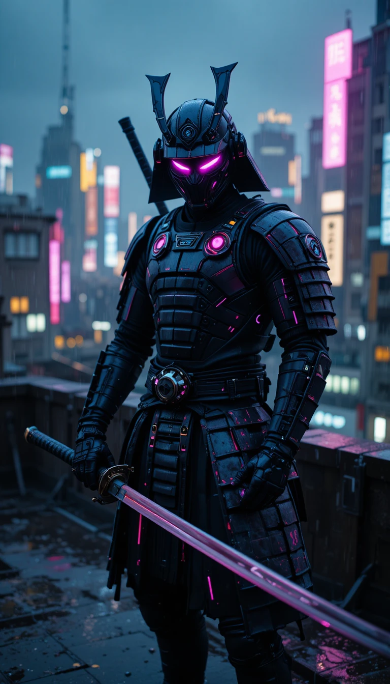 Cyberpunk-Samurai auf vom Neon erleuchtetem Tokio-Dach im Regen