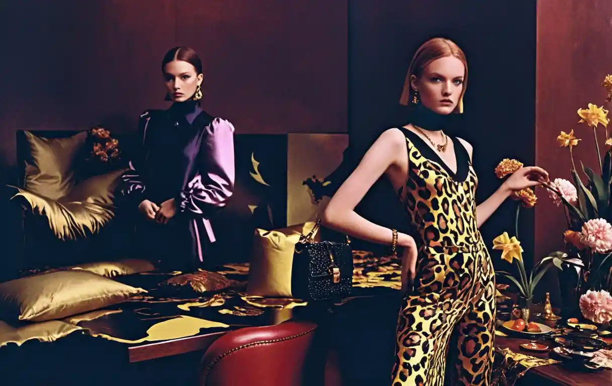 High fashion models posing in a floral studio set