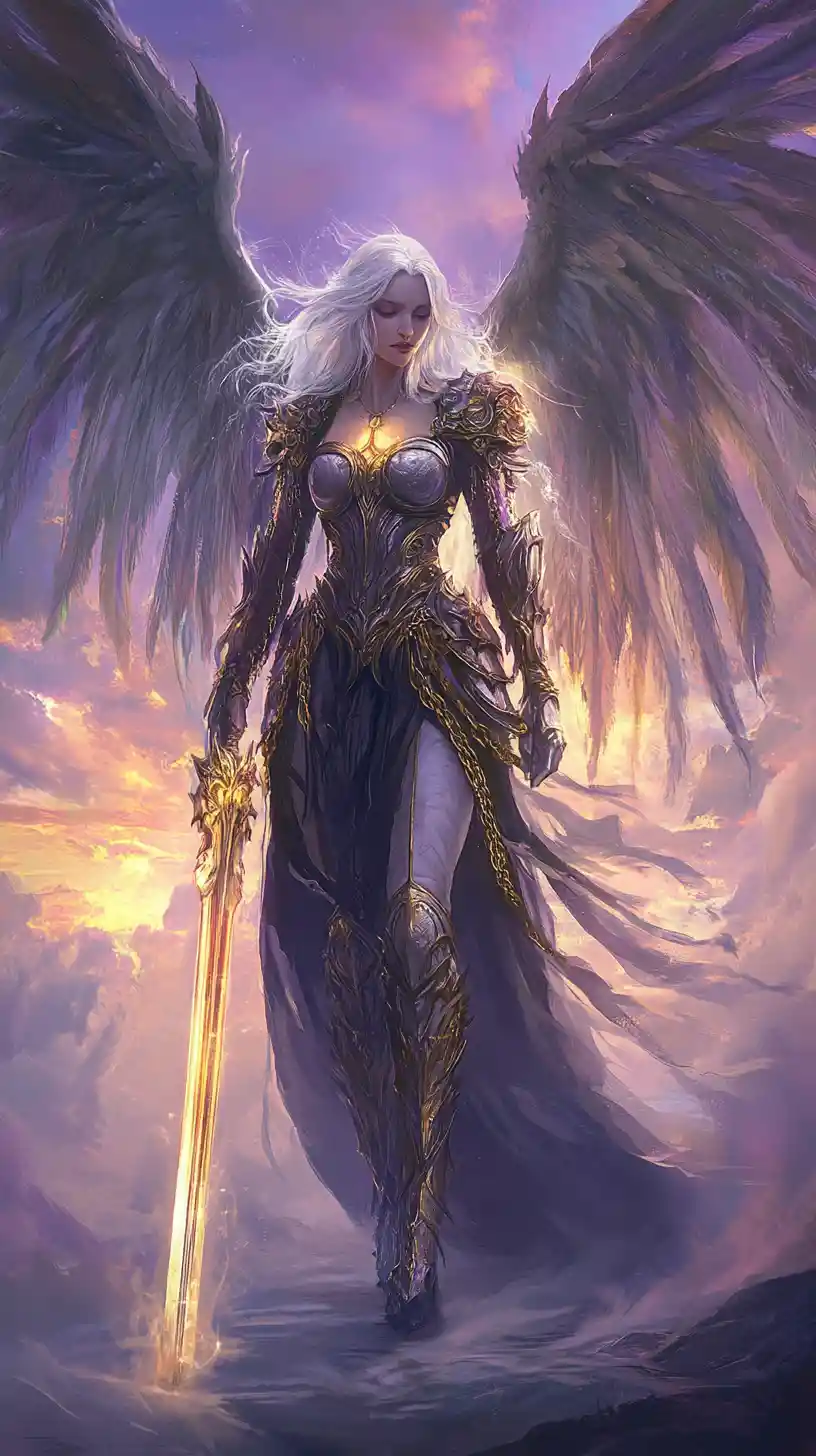 Divine warrior woman with golden wings at twilight