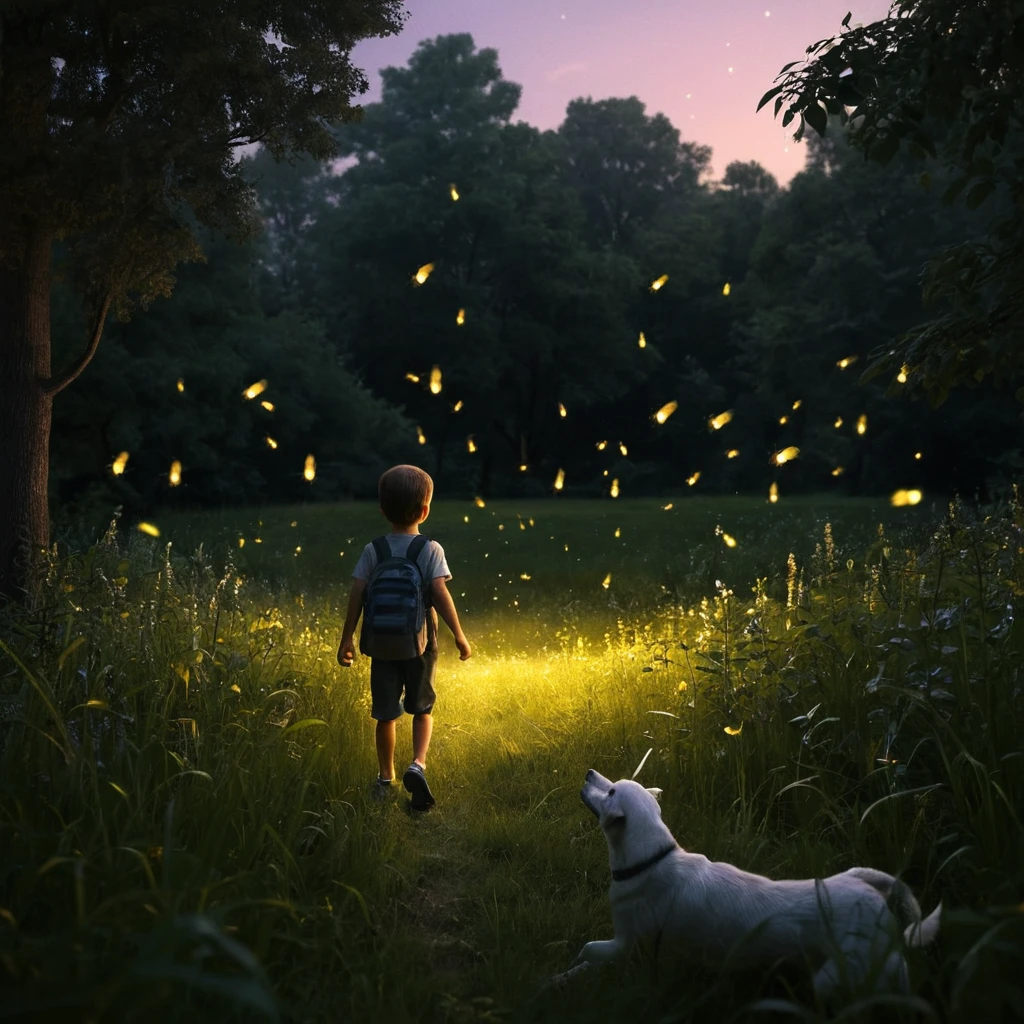 Niño Persiguiendo Luciérnagas con su Perro en un Campo al Atardecer