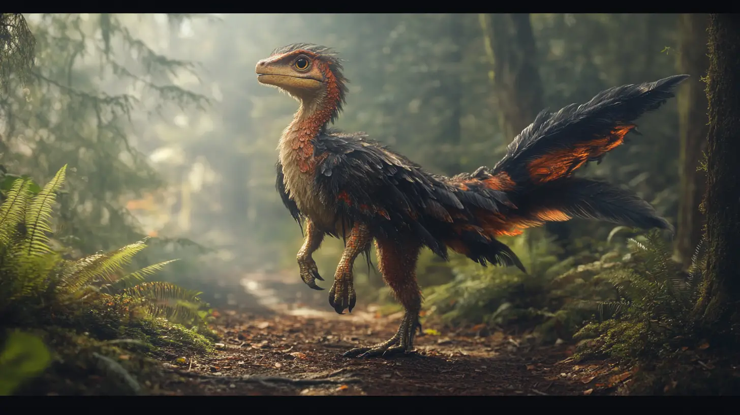 Utahraptor emplumado de pie tranquilamente en un sendero del bosque