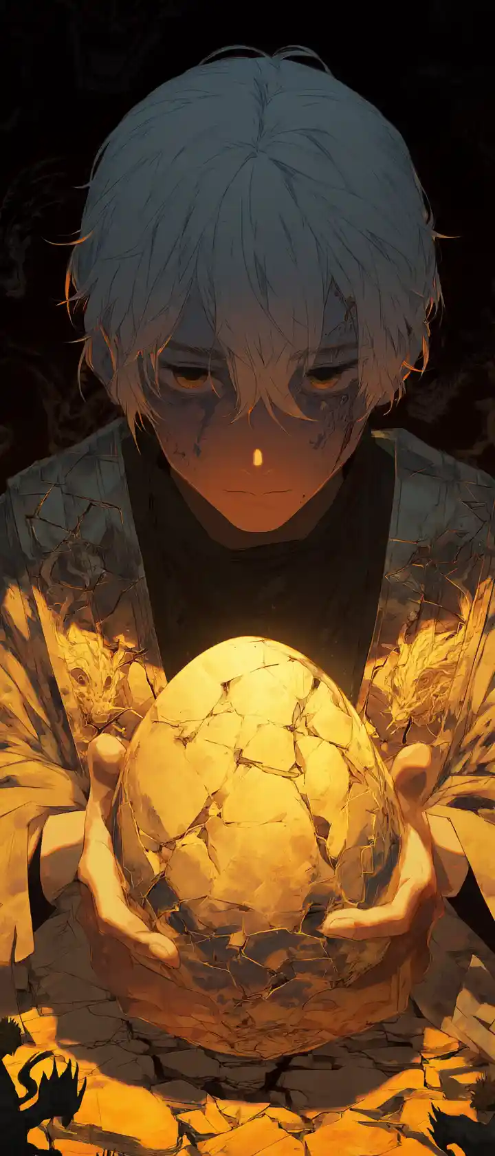Silver haired anime prince before a dark iron throne
