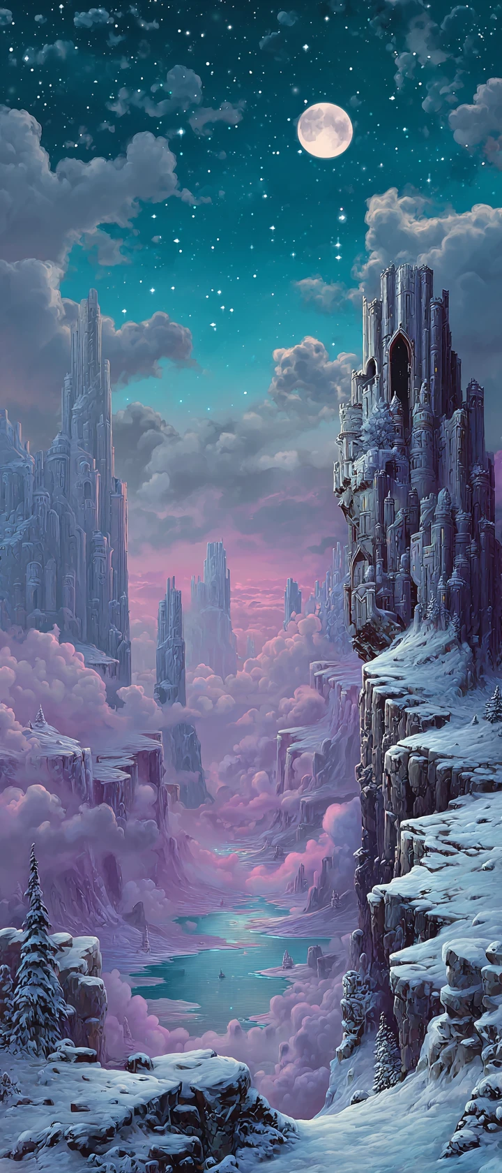 Moonlit Ruined Castle Above Turquoise Snowy Lake