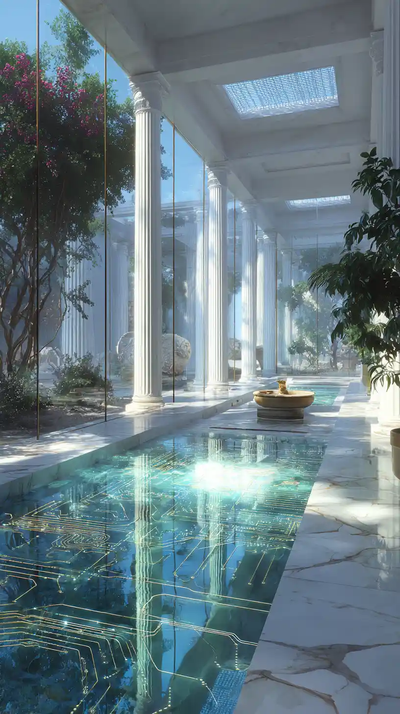 Luxury modern Roman villa interior with glass walls and atrium