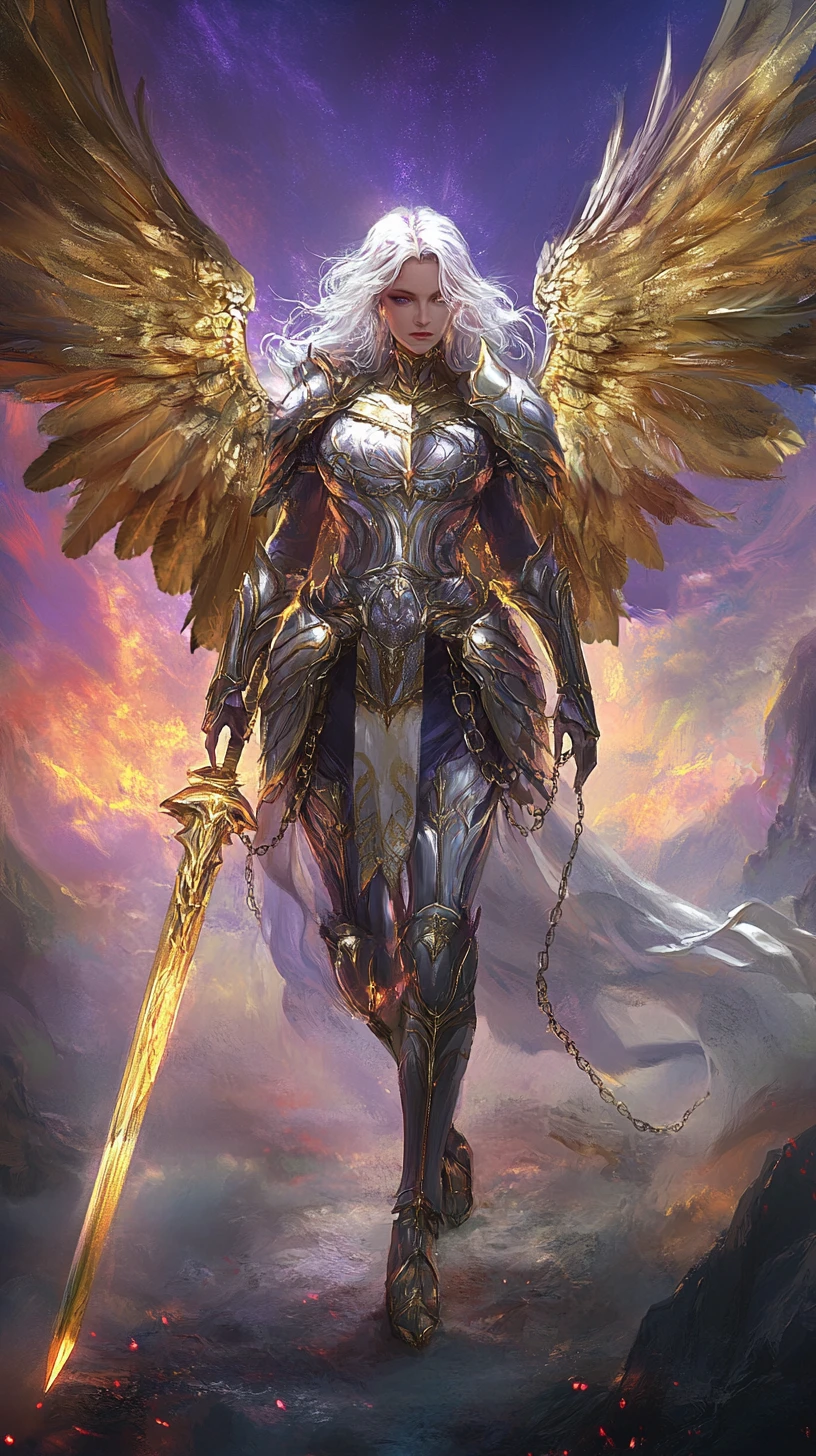 Divine winged warrior woman under luminous twilight sky