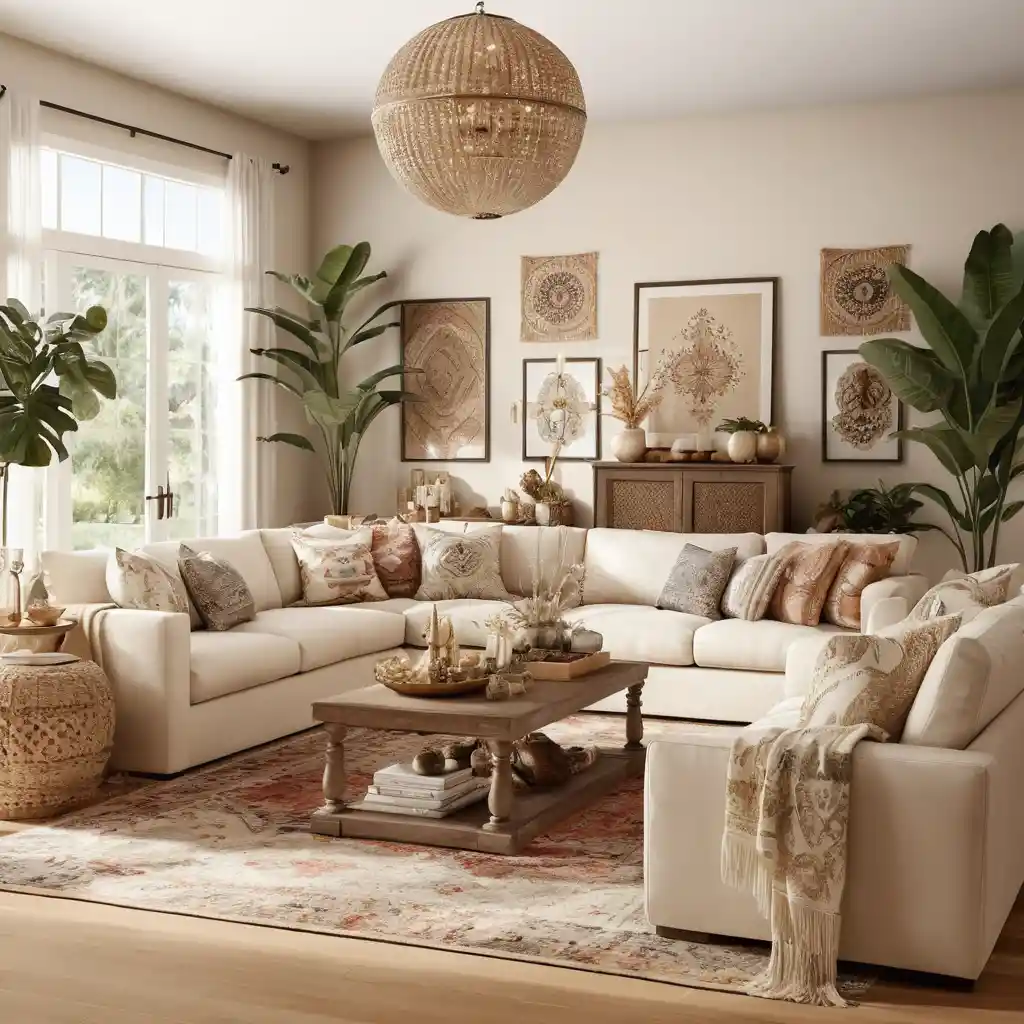 Bohemian style living room with creamy beige accents