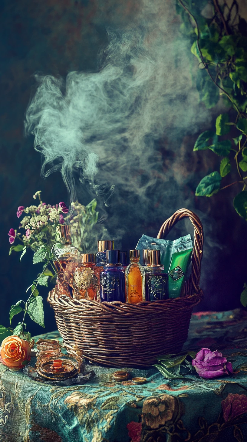 Cesta victoriana de perfumes sobre mesa rústica con humo