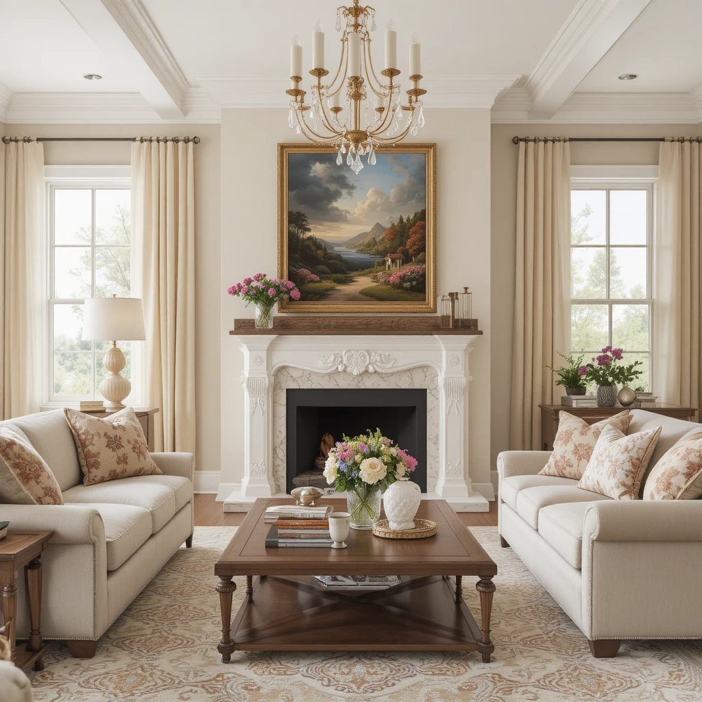 Bohemian living room with beige accents in 3D rendering