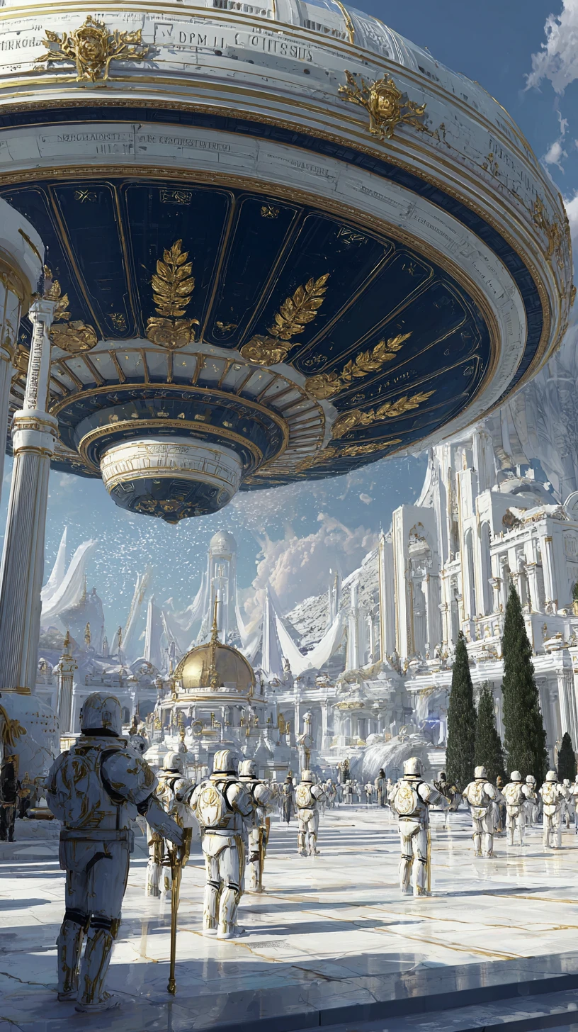 Futuristic Roman spacecraft landing beside a colossal arena