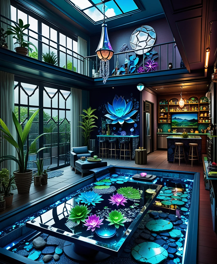 Isometrischer Miniatur‑Essbereich mit Bar und Wasserfeature