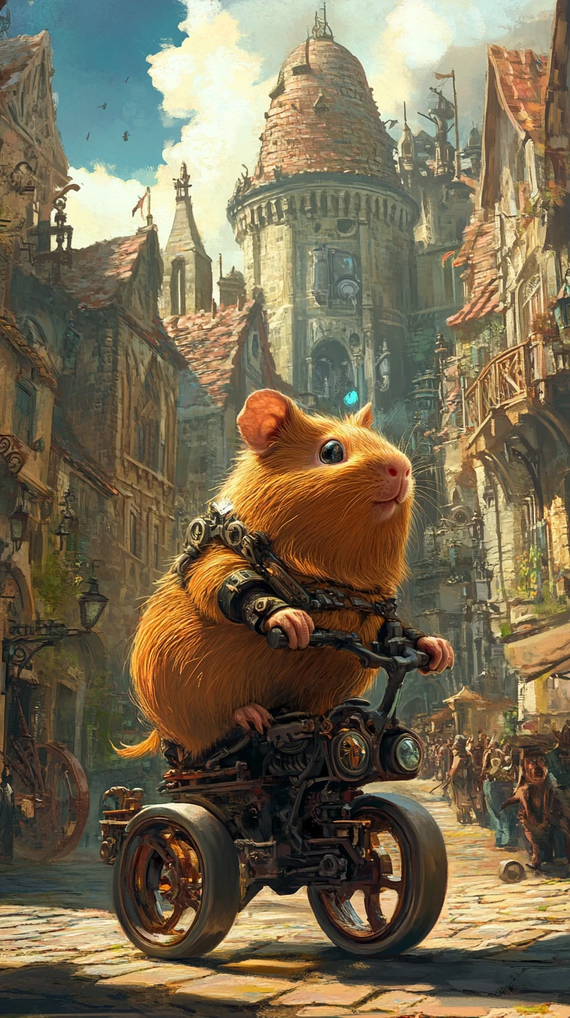 Guinea pig riding a steampunk skate through fantasy city