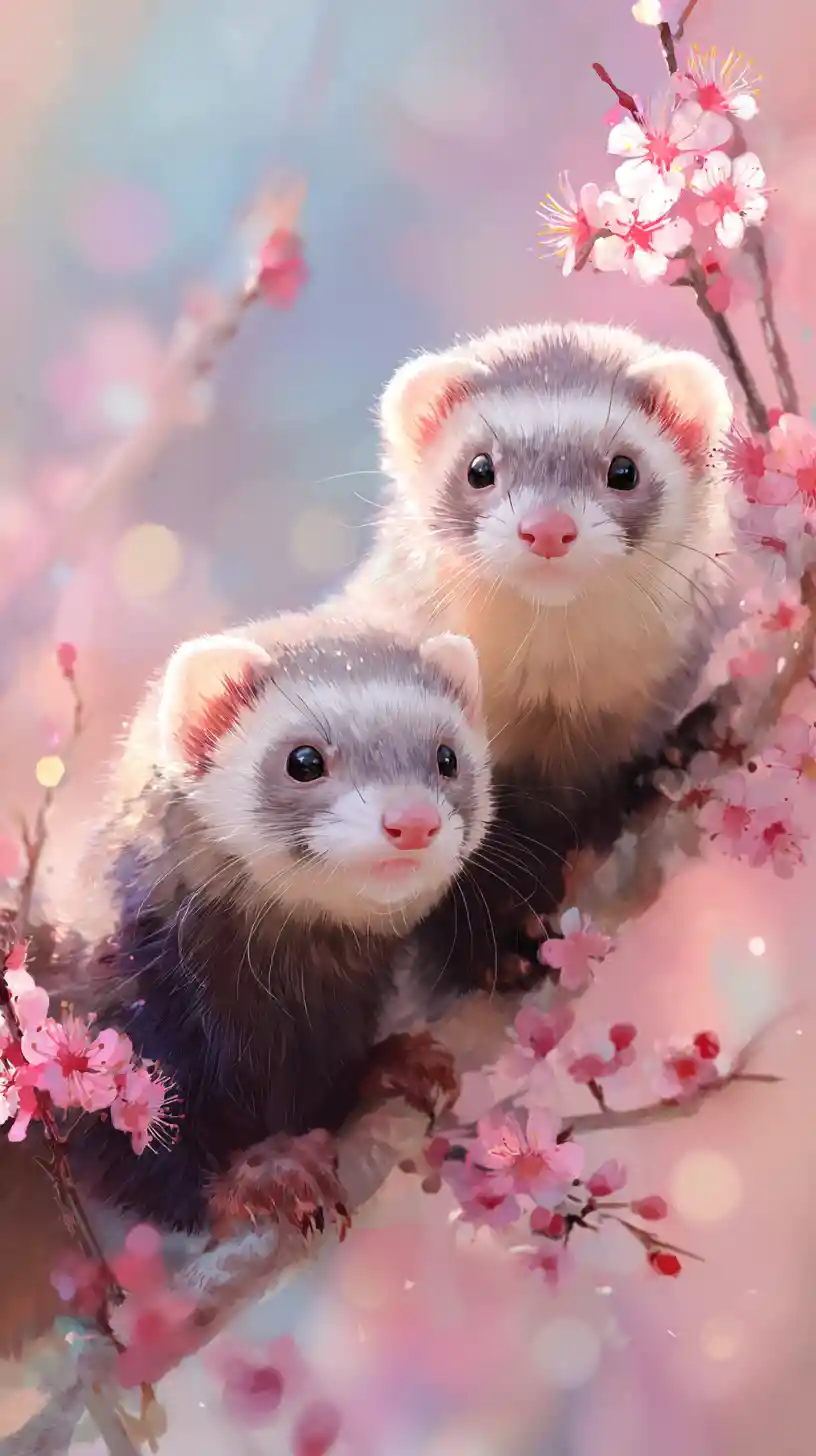 Two cute ferrets on a cherry tree in anime style