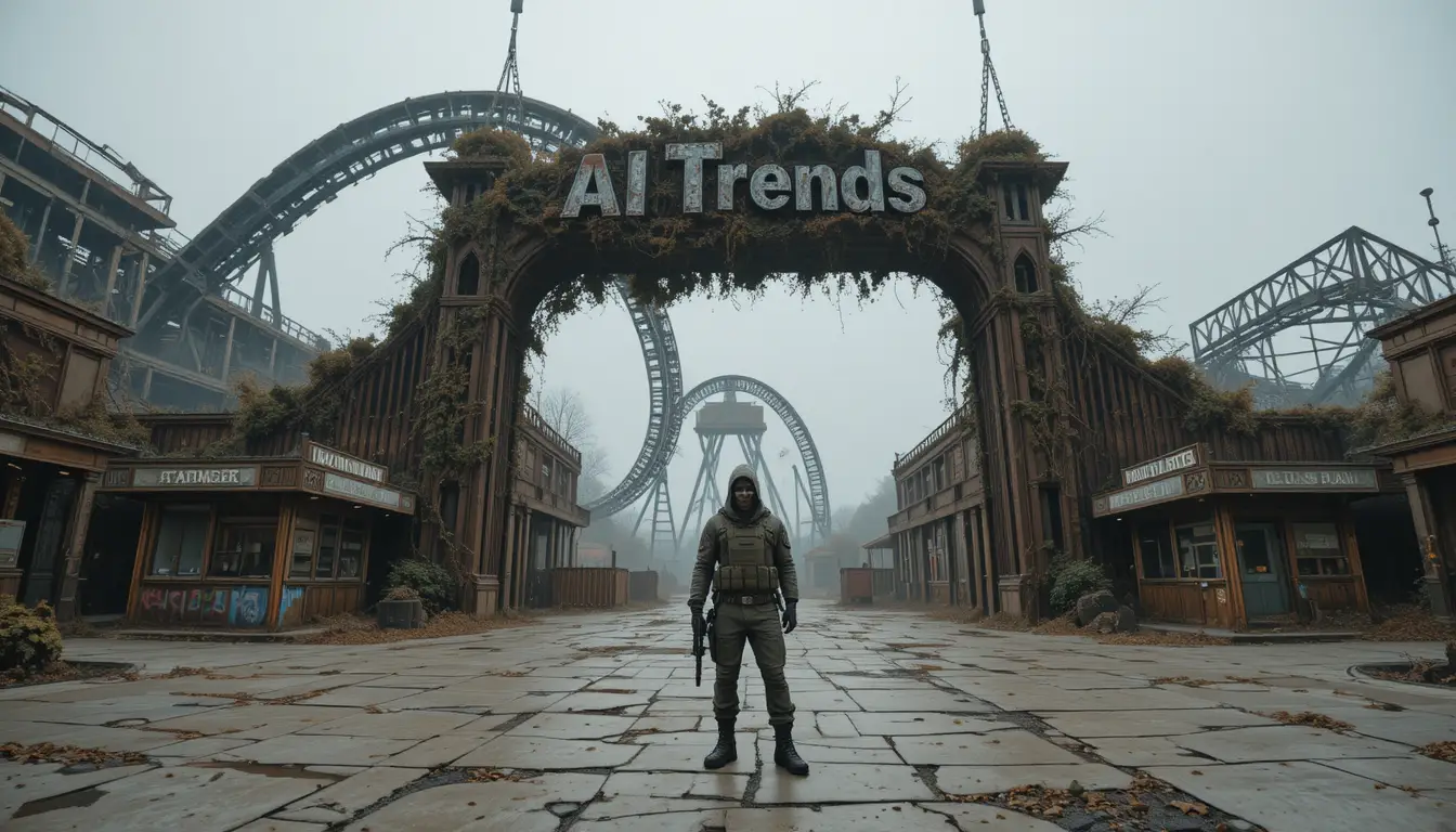 Lone soldier at abandoned amusement park entrance in grey fog
