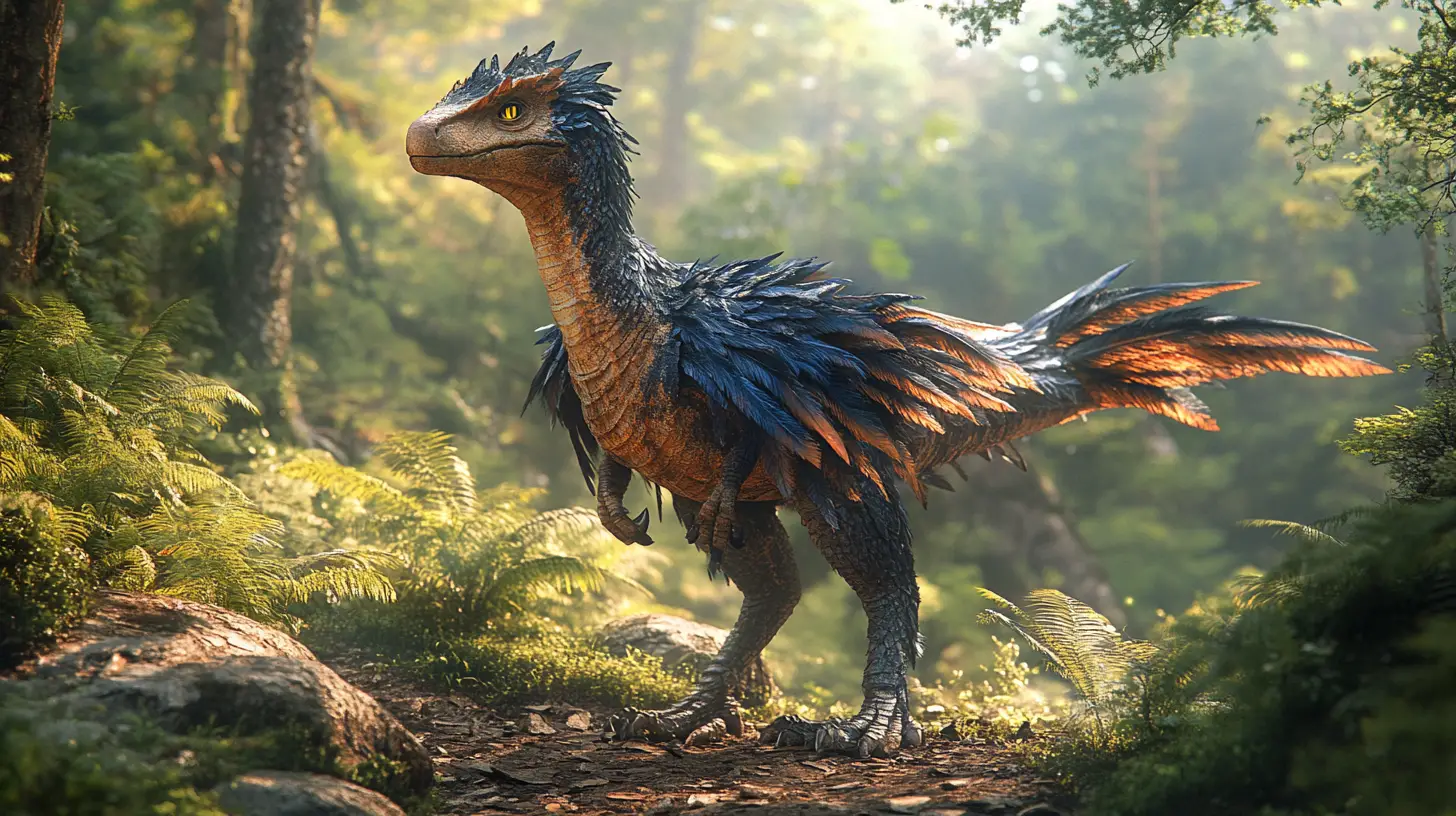 Raptor emplumado de pie tranquilamente en un sendero de bosque bañado por el sol