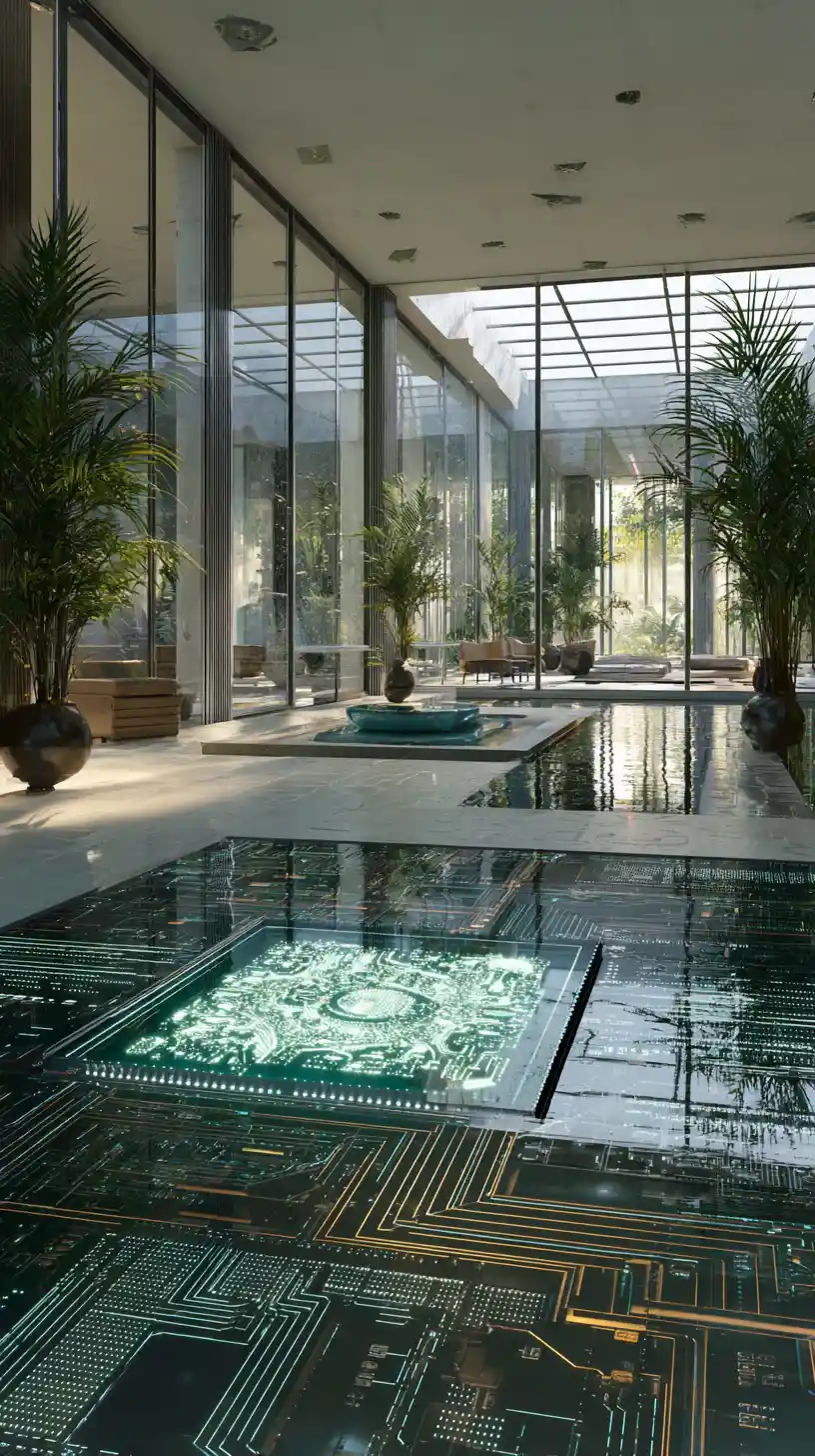 Luxury modern Roman villa interior with glass atrium view