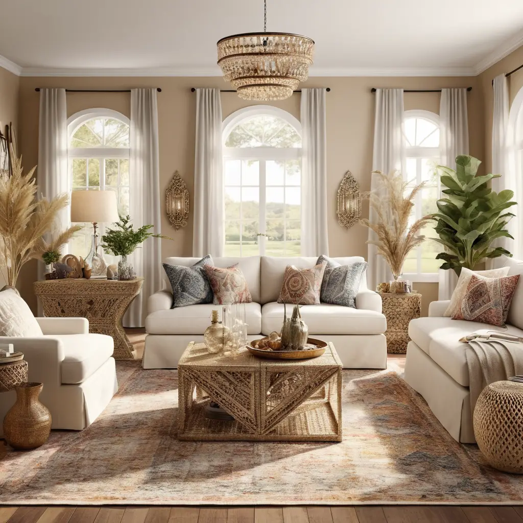 Salón bohemio con acentos decorativos en beige cremoso