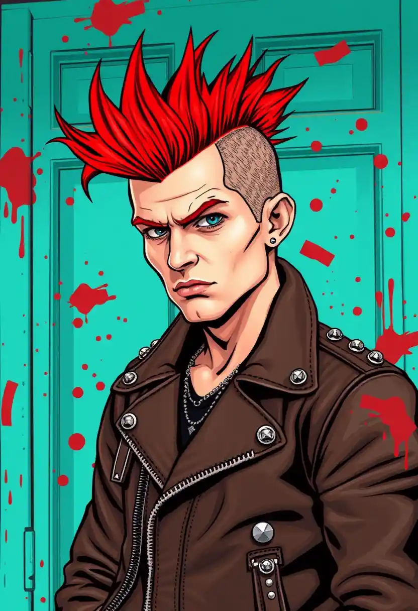 Punk man in studded leather jacket before turquoise door