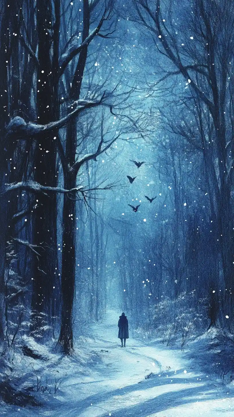 Gothic snowy landscape in cool blue misty tones