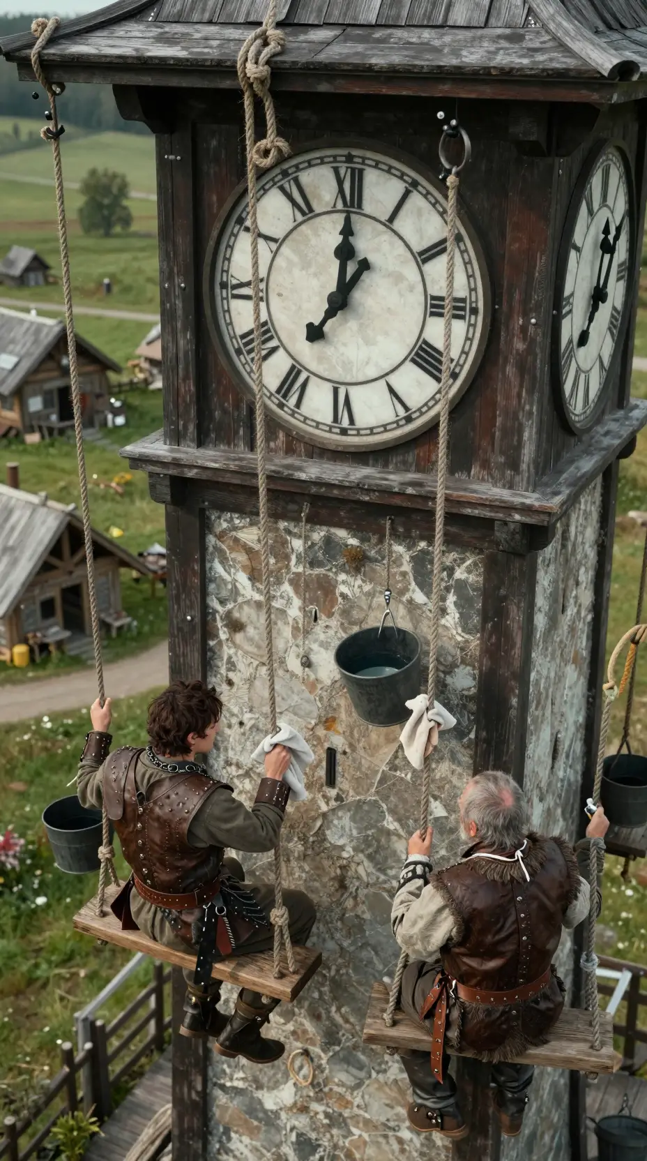 Dos hombres en columpios de cuerda limpiando una enorme esfera de reloj