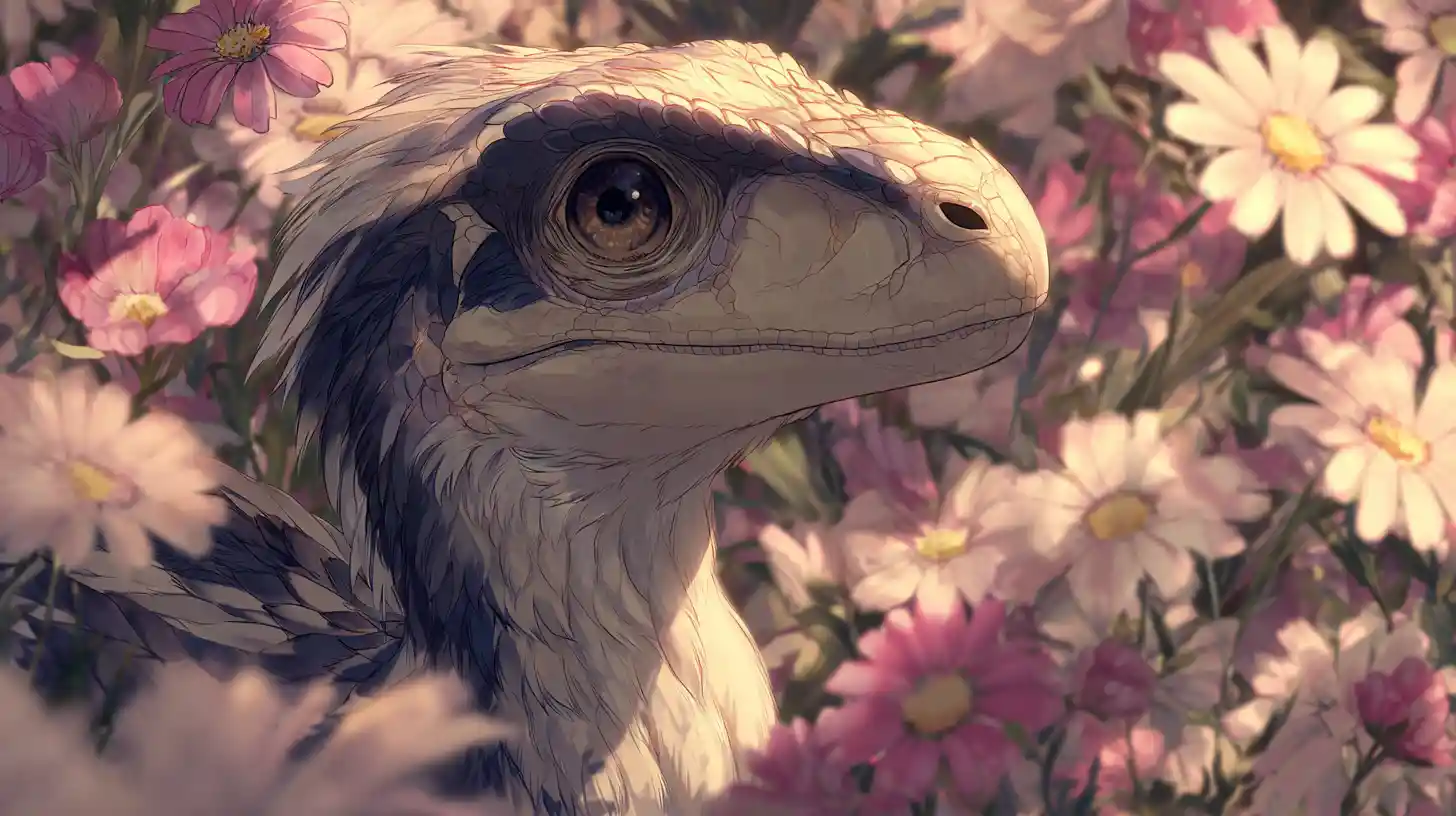 Ritratto anime di un Utahraptor piumato con luce soffice e delicata