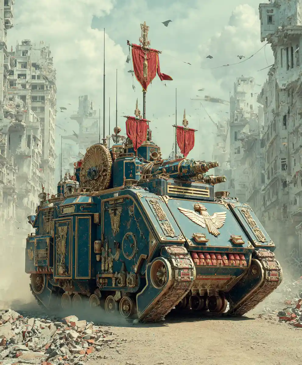 Roman inspired armored tank rolling through ruined city streets